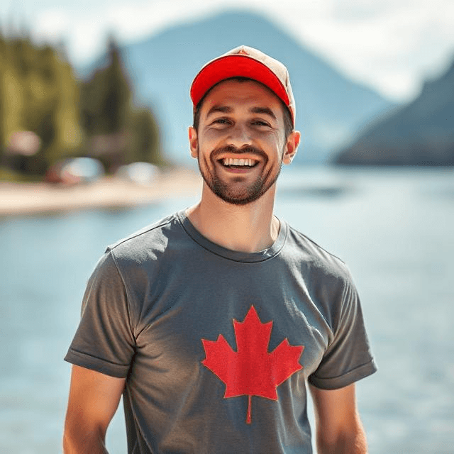 young man canada dark grey t-shirt cap