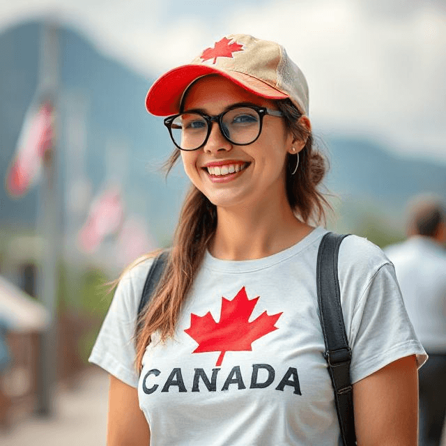 young woman canada white t-shirt cap