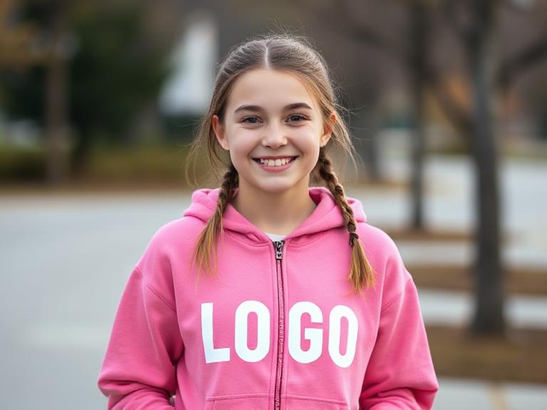 girl with pink full zip hoodie