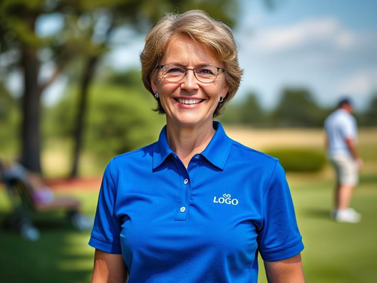 woman with customized blue polo golf course